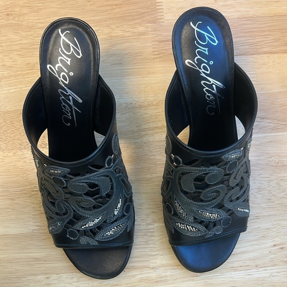 Brighton Revue Catch The Moon Black Leather Beaded Slip-On High Heel Sandals - Picture 5 of 11